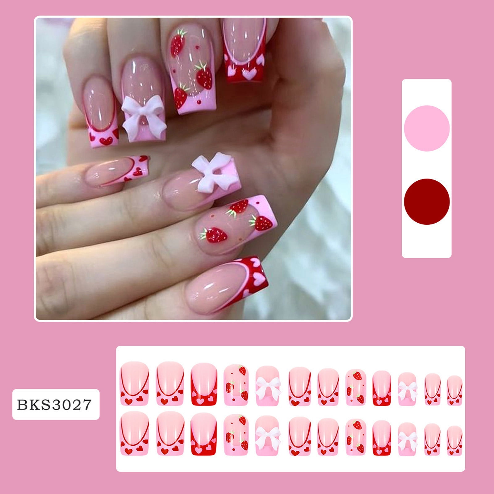 HHBEAUTY White French Tip Press on Nails Square Short Fake Nails With 3D Pink Bow Designs Strawberry False Nails Pink Full Cover Stick on Nails Acrylic Artificial Nails for Women Girls