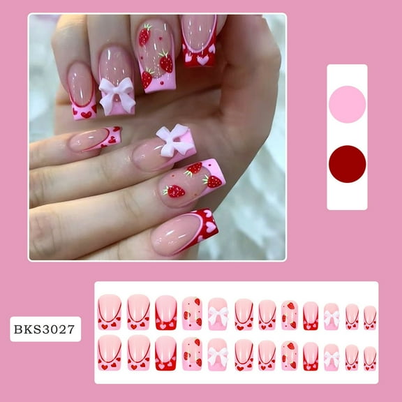 FSTDelivery 24 Pcs Press on Nails Medium Square Fake Nails with Bow Strawberry Designs Pink French Tip Nails Press ons Red Acrylic Nails Nude False Nails Heart Stick on Nails for Women, Clearance