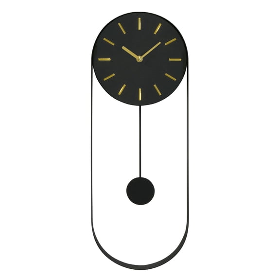 VERTA Modern Pendulum Wall Clock, Minimalist Black Iron Wall Clock with Gold Accents, Quartz Movement, Swinging Pendulum, 21.75″ Tall