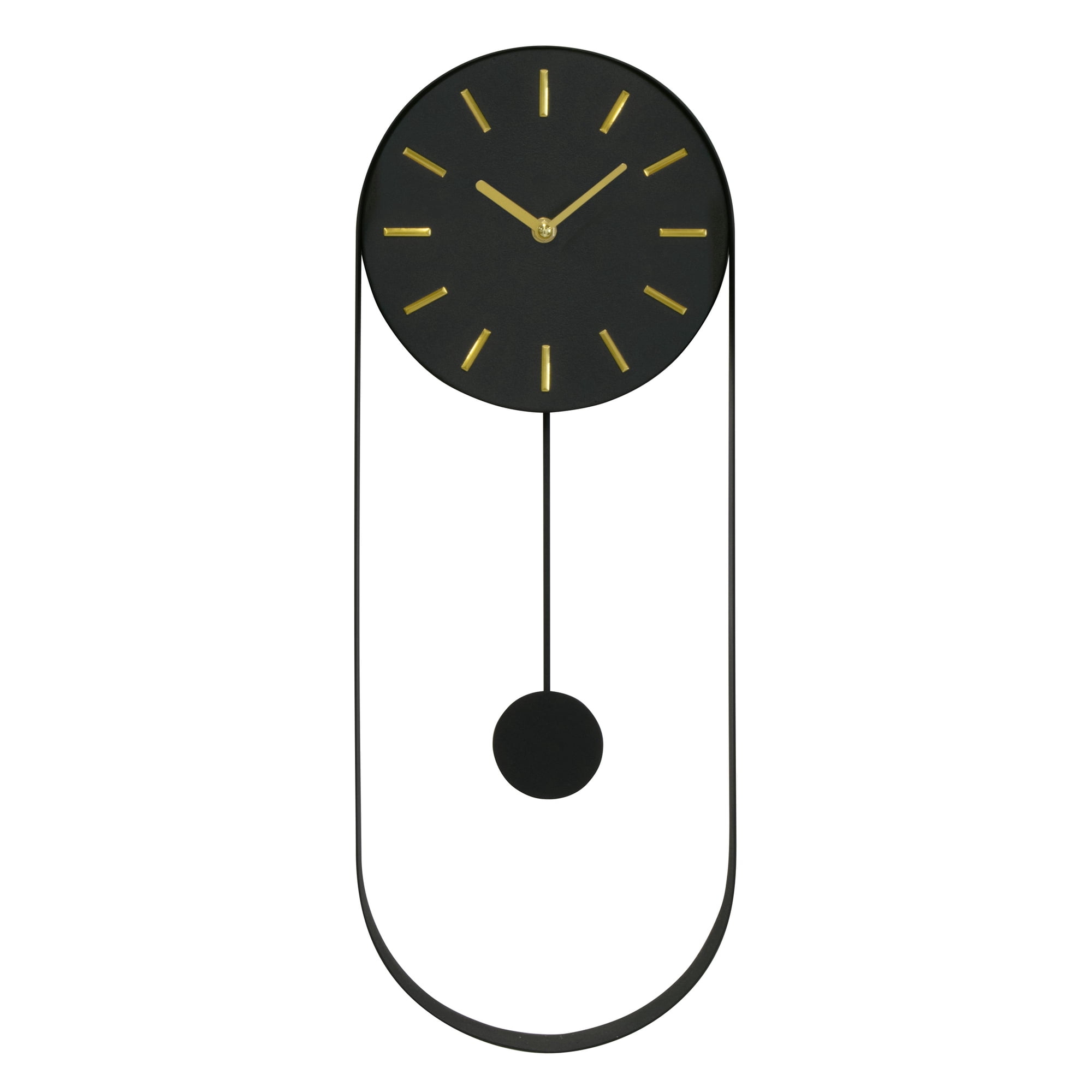 VERTA Modern Pendulum Wall Clock, Minimalist Black Iron Wall Clock with Gold Accents, Quartz Movement, Swinging Pendulum, 21.75″ Tall