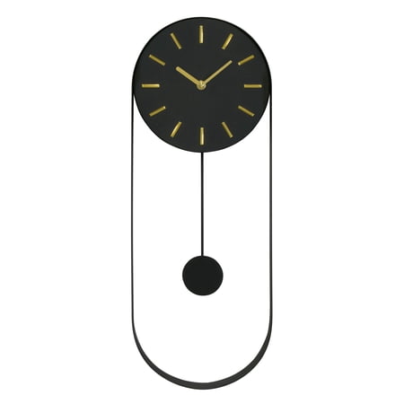 VERTA Modern Pendulum Wall Clock, Minimalist Black Iron Wall Clock with Gold Accents, Quartz Movement, Swinging Pendulum, 21.75″ Tall