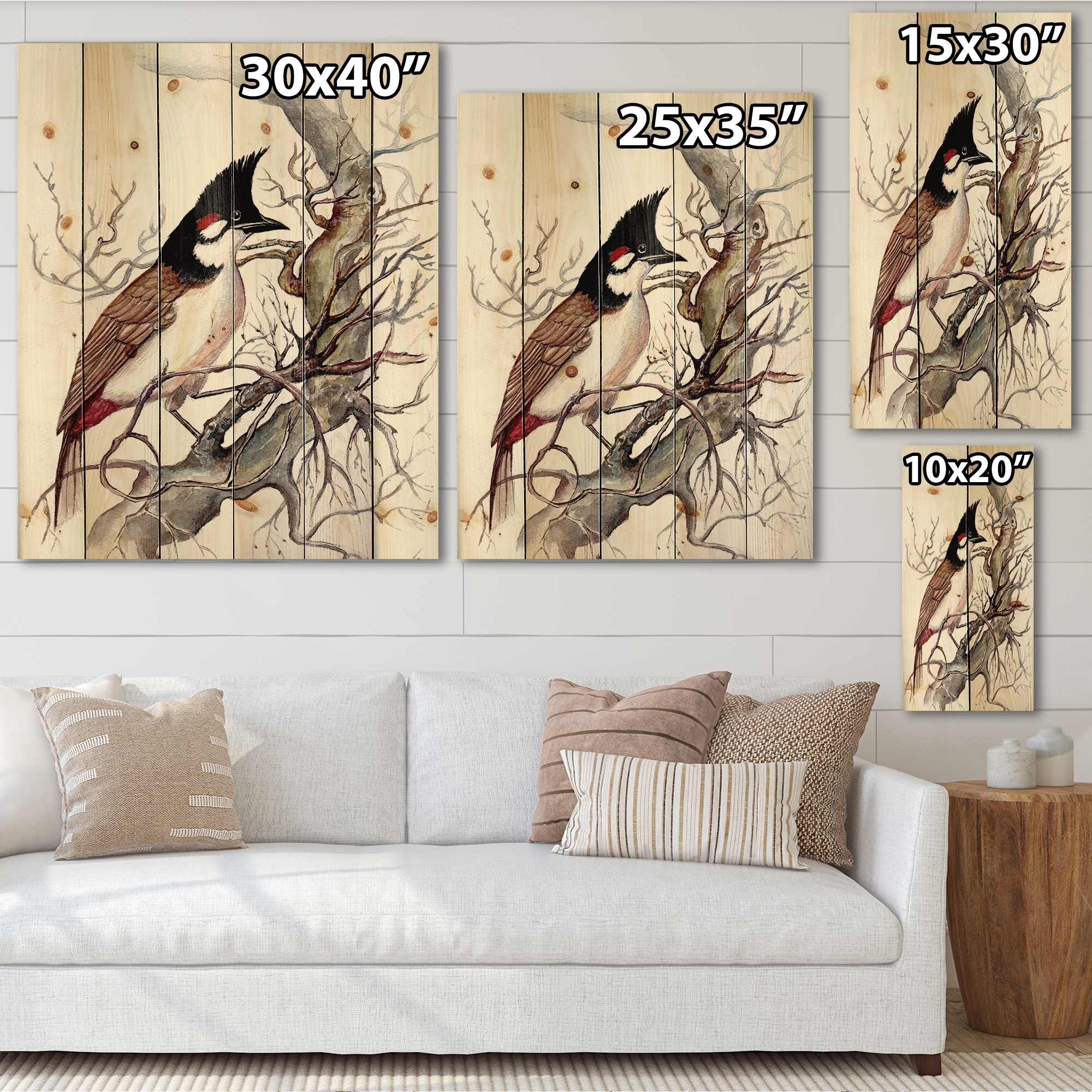 Designart 'Ancient Beautiful Bird On A Branch' Traditional Print on Natural Pine Wood