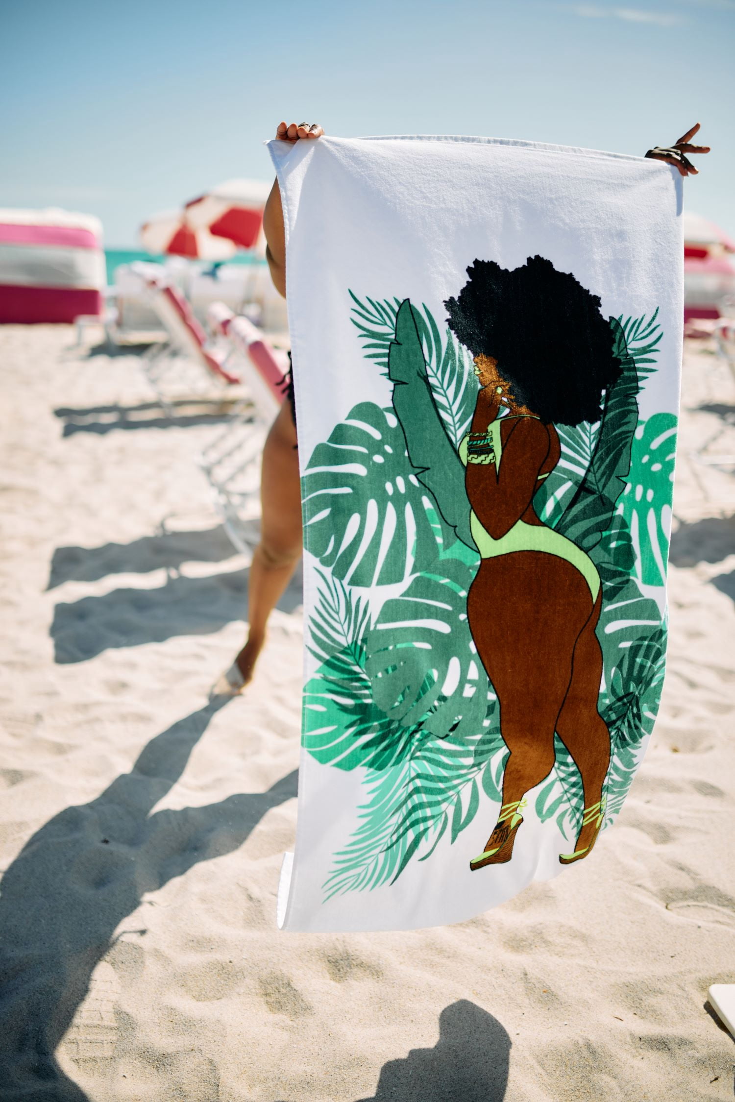 Pardon My Fro June Large Plush Cotton Beach Towel for Women, White & Green, 30" x 60", 1 Piece