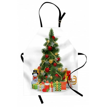 

Christmas Apron Xmas Tree with Vivid Balls and Snowflakes New Year Celebration Theme Art Unisex Kitchen Bib Apron with Adjustable Neck for Cooking Baking Gardening Red Green Yellow by Ambesonne