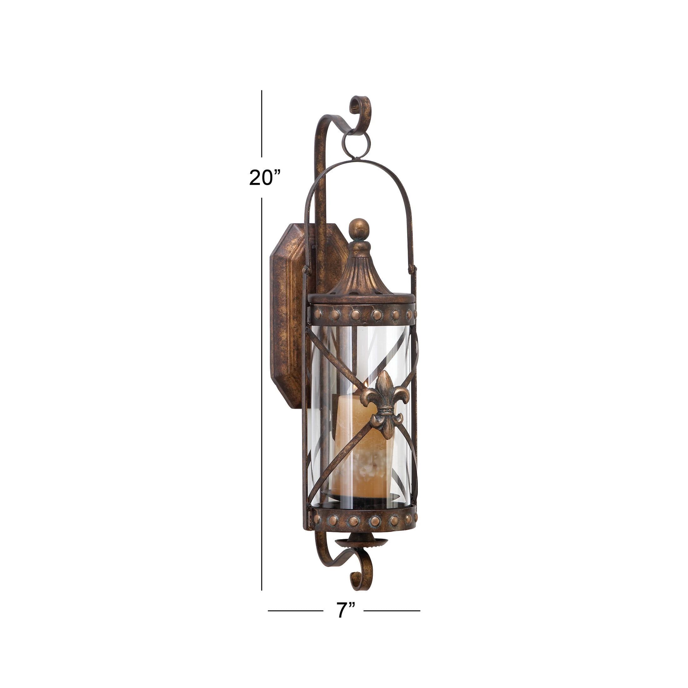 DecMode Bronze Metal Fleur De Lis Suspended Studded Wall Sconce with Scroll Details