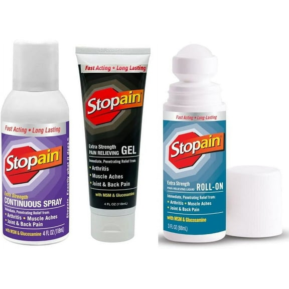 Stopain Pain Relief Combo Set (Gel, Roll On, Spray) USA Made, Max Strength Fast Acting With MSM, Glucosamine, Menthol For Arthritis, Lower Back Sciatica, Knee, Neck HSA FSA Topical Analgesic Products