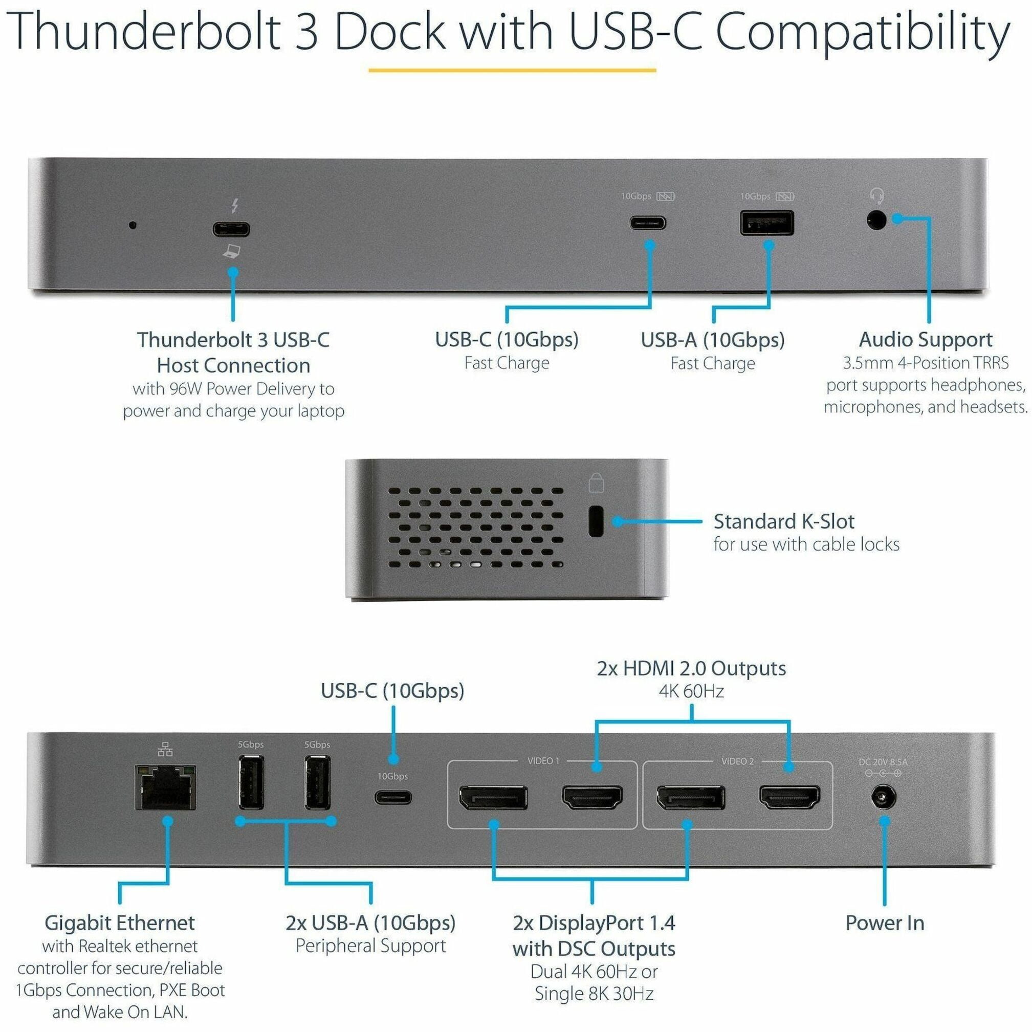StarTech.com Thunderbolt 3 Dock w/USB-C Host Compatibility - Dual 4K 60Hz DP 1.4 or HDMI TB3/USB-C Docking Station - 1x 8K - 96W PD/5xUSB