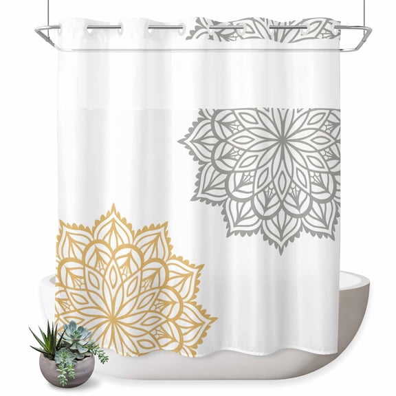 No Hook Shower Curtain with Built-in Rings - Grey Yellow Boho Floral Washable Waterproof Fabric Bathroom Curtains for Hotel,Rentals, 72 X 78 Inch Long , Retro Bohemia Flower Pattern