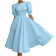 thumbnail image 1 of Womens Pleated A Line Midi Dress Puff Short Sleeve Crewneck Solid Color Babydoll Dress Backless Swing Party Dress, 1 of 7