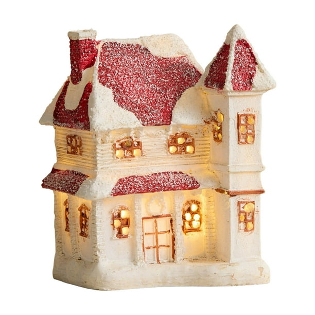Decoraciones navideñas, adornos navideños, regalos navideños. Figuras decorativas navideñas de estilo nórdico: Villa nevada con tejado rojo y luces.