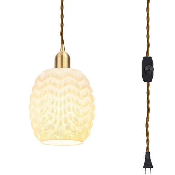 Kiven Plug in Pendant Light, Farmhouse Hanging Light Fixture with White Plastic Lampsade, E26 Socket Dimmable Pendant Light for Bedroom Hallway Kitchen DZ0543