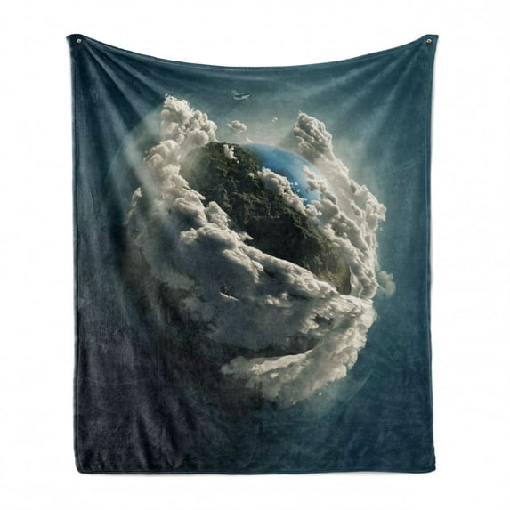 Earth Soft Flannel Fleece Throw Blanket, Planet Surrounded by Majestic Clouds Dramatic Aerial View Earth Environment, Cozy Plush for Indoor and Outdoor Use, 60" x 80", Petrol Blue White, by Ambesonne