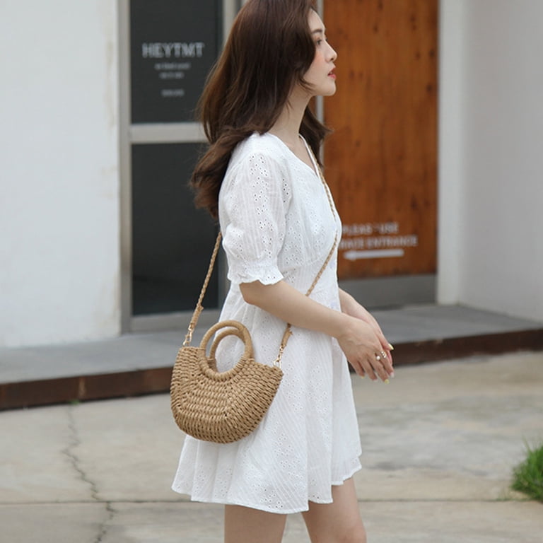 Semi-circle Straw Bag, Hand-woven Women Summer Retro Beach Tote