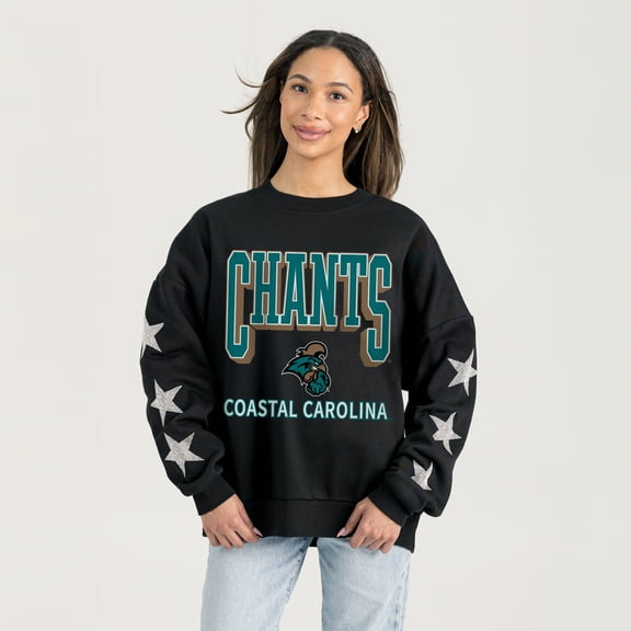 Women's Gameday Couture  Black Coastal Carolina Chanticleers Pure Victory Relaxed Rhinestone Pullover Sweatshirt