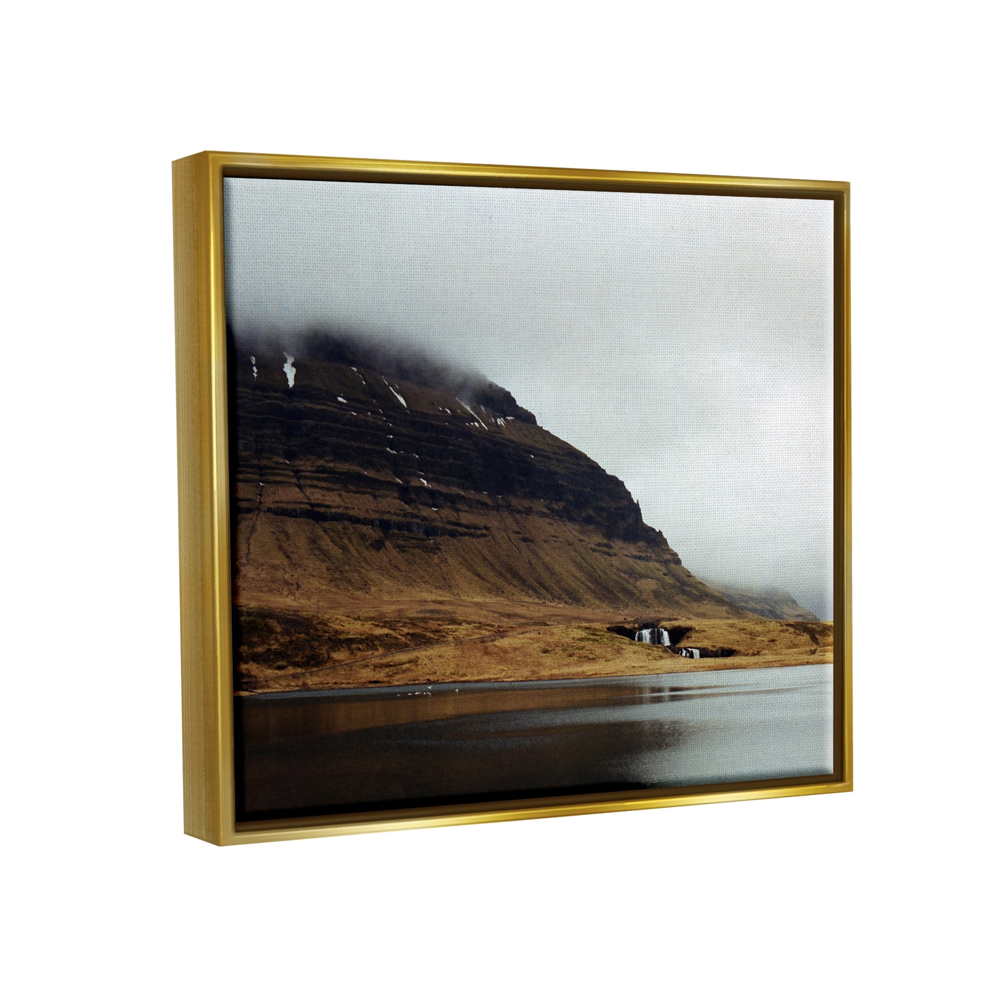 Stupell Industries Lake Side Cliffs Looming Fog Plateau Landscape Photograph Metallic Gold Floating Framed Canvas Print Wall Art, Design by Lynann Colligan