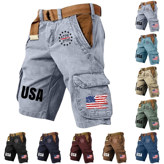 Men's Vintage Washed Cargo Shorts with America 250 Years Graphic and Utility Pockets Featuring Loose Fit Design for Summer Fishing Hiking Travel Vacation Army Green L