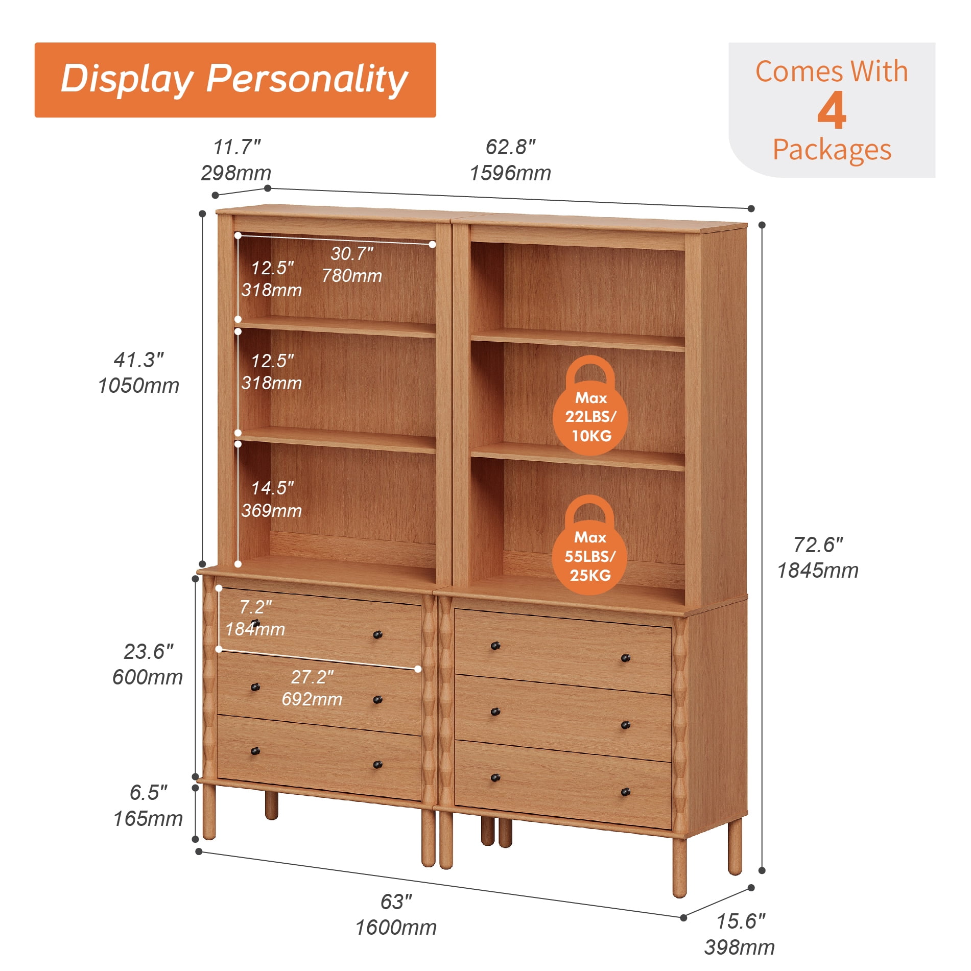 73" Tall Bookshelf with 3 Drawers and Open Book Shelves,Set of 2,Walnut