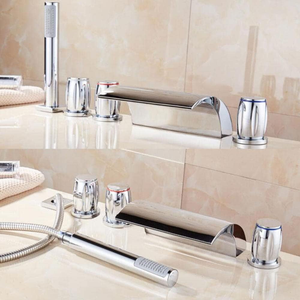 5-Hole Faucet Brass Hot Water and Cold Water Bathtub Faucet Pull-Out Shower Bathroom Faucet Chrome Plated