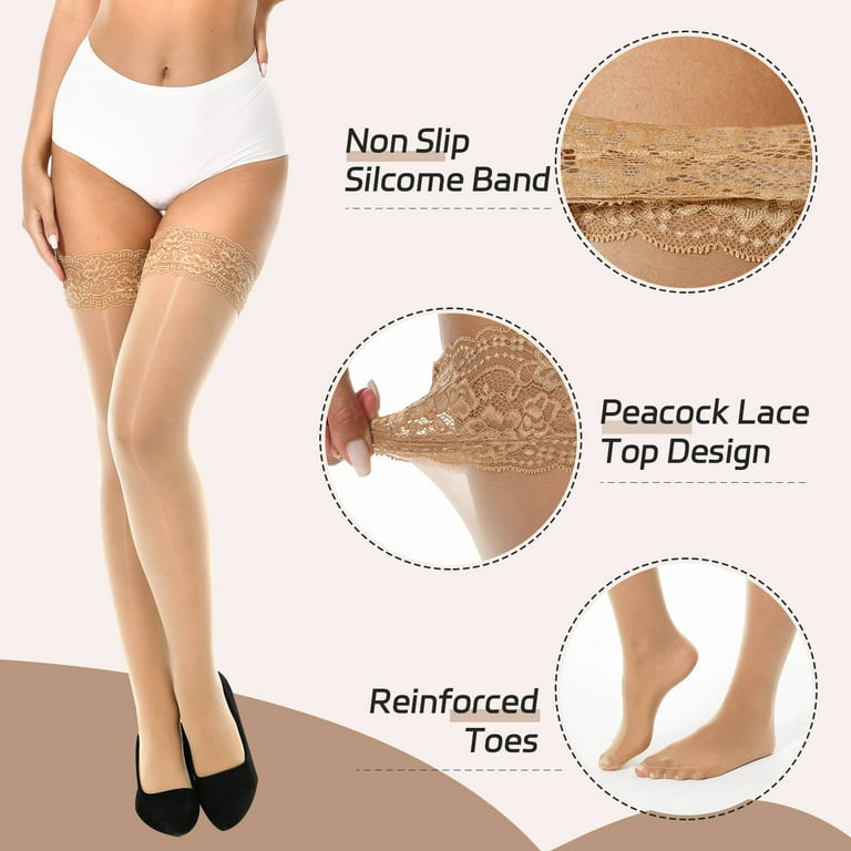 Manzi 2 Pairs Shiny Stockings Lace Top Stay Up Shimmery Pantyhose for Women