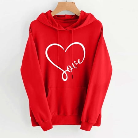 Luxalzxs Women s Fashion Hoodies & Sweatshirts Red Heart Love Valentine s Day Hoodie Sweatshirts Cute Holiday Long Sleeve Pullover Tops with Pockets
