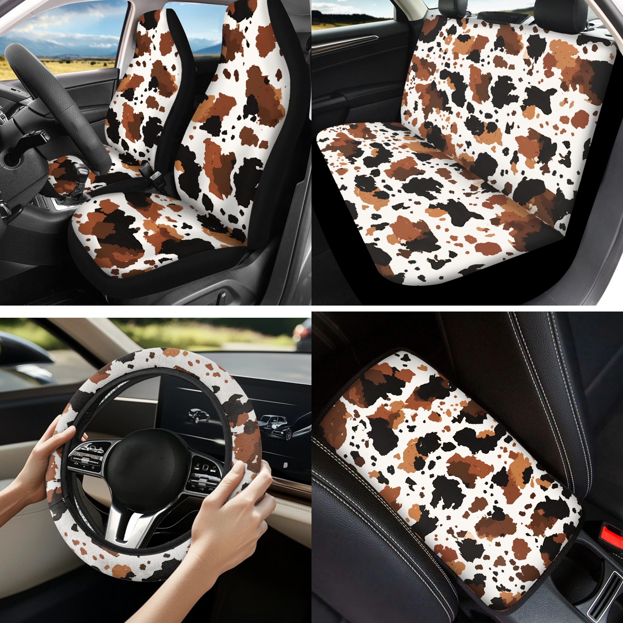 Jeiento Brown Cow Print 13 PCS Car Seat Covers Full Set, with Steering Wheel Seat Belt Covers Center Console Pad Coasters Keychain Lip Balm Holder Auto Accessories Interior Decor Fit for SUV Van