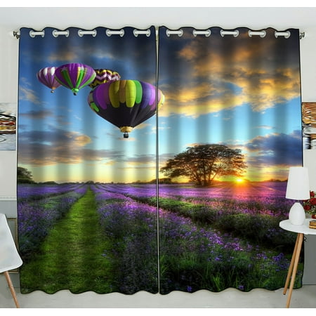 Phfzk Country Farmhouse Window Curtain Lonely Tree In A Lavender Flowers Field Sunset Air Balloons Window Curtain Blackout Curtain For Bedroom Living