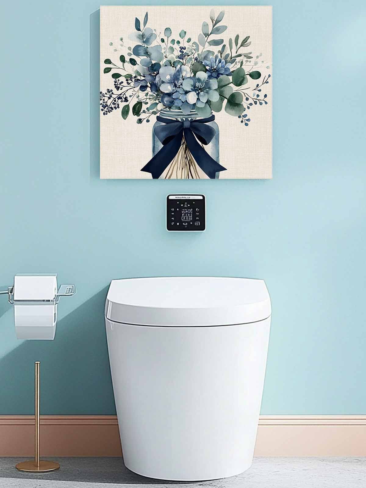 Blue Floral Canvas Wall Art, Pastoral Eucalyptus Leaf Bow Vase Framed Wall Decor Modern Artwork Prints Painting for Living Room, Bedroom, Kitchen & Cafe Decor 12x12 Inch