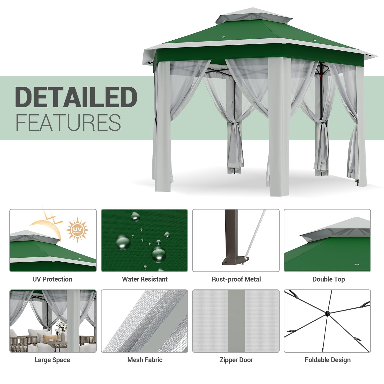 TROPOW Gazebos for Gardens,All Seasons Gazebos,with Adjustable Heights,Outdoor Gazebo for Backyard & Patio Furniture,Pop Up Tent,Green