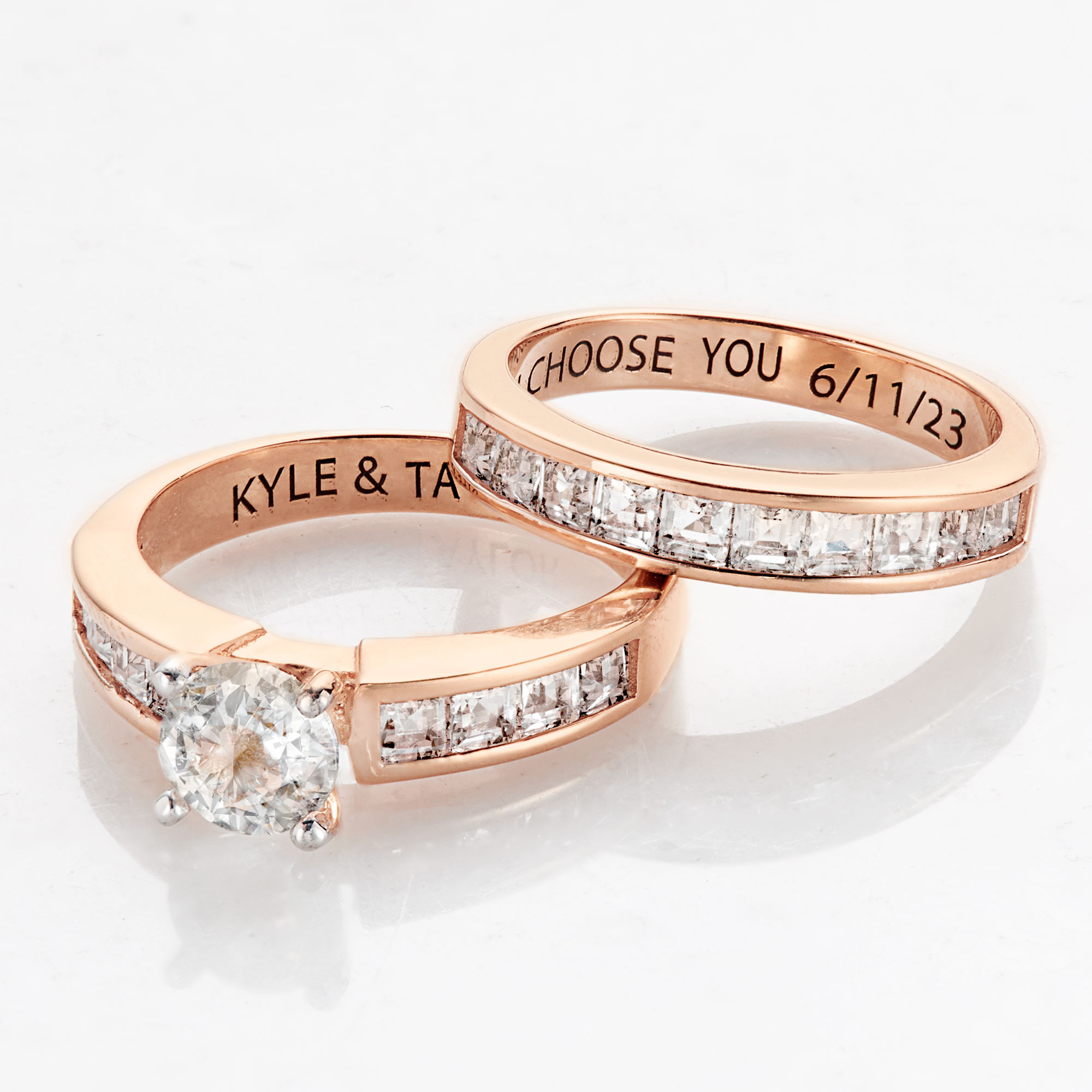 Vow & Forever Personalized Planet Bridal 14K Rose Gold over Sterling Silver Brilliant White Topaz 2 Piece Engraved Wedding Set ,Women's