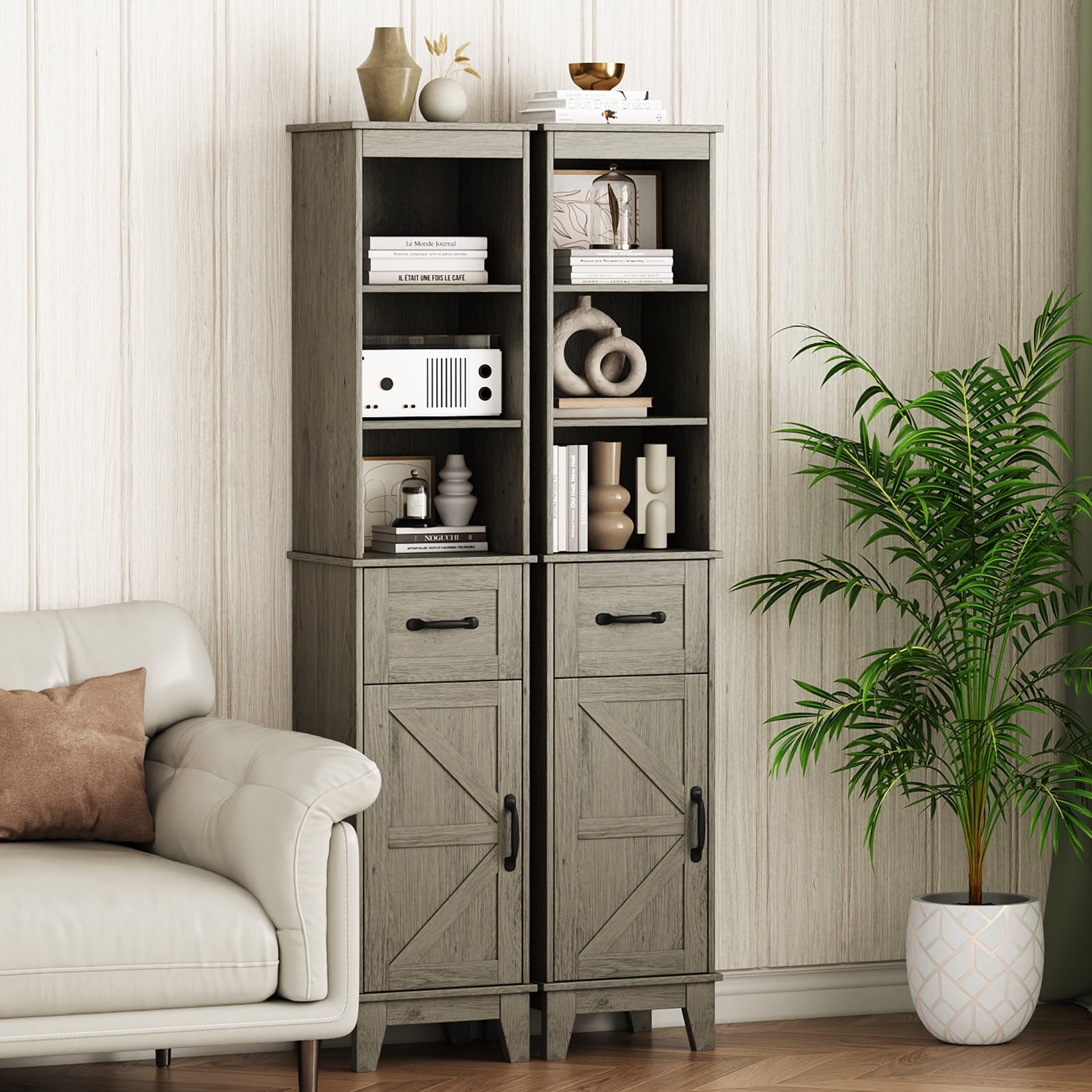 Tall Bathroom Storage Cabinet with Barn Door and Drawer, Narrow Freestanding Linen Cabinet for Bathroom, Gray