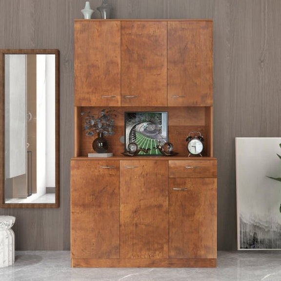 Upgraded Version 71'' Tall Wardrobe Armoire, Best Kitchen Storage Cabinet with 6-Doors, Open Shelves and Drawer, Free Standing Side Clothes Organizer Utility Cabinet for Bedroom, Walnut