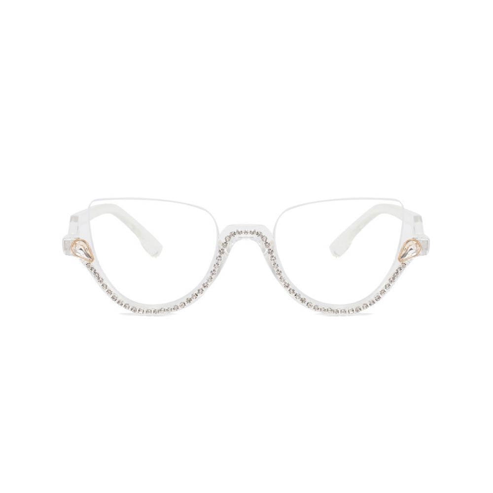 Women Half Moon Blue Light Blocking Reading Glasses 1.50 Ladies Semi-Rimless Transparent Diamond Readers +1.50 Strength