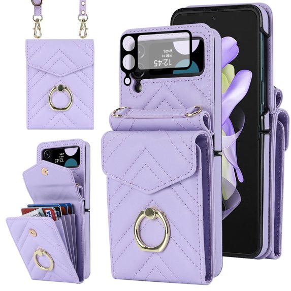 Allytech Galaxy Z Flip 4 Wallet Case + 1Pcs Camera Lens Protector, PU Leather Cards Holders Ring Stand Shoulder Strap Shockproof Mangetic Closure Wallet Case Cover for Samsung Galaxy Z Flip 4 - Purple