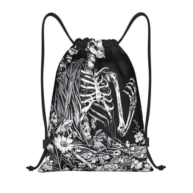 Sikiie Gothic Skull Floral Art Print Drawstring Backpack Drawstring Bags, Draw String Back Bag for Sports, Gym, Travel, Swimming, Beach-Medium