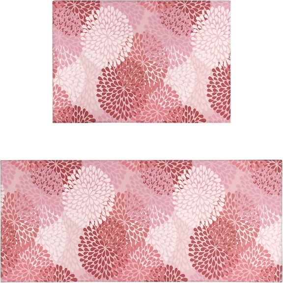 LAMIRO Pink Floral Kitchen Rug Mat,Pink Kitchen Rugs Sets of 2 Washable Non-Slip Kitchen Mats for Floor 2 Piece Pink Kitchen Decor