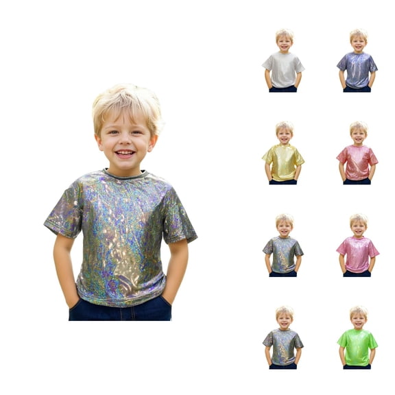 Kids Shiny Metallic T Shirts Jazz Hop Dance Tops Short Sleeve Crewneck Tees Boys Girls Holographic T-Shirts 3-18 Years