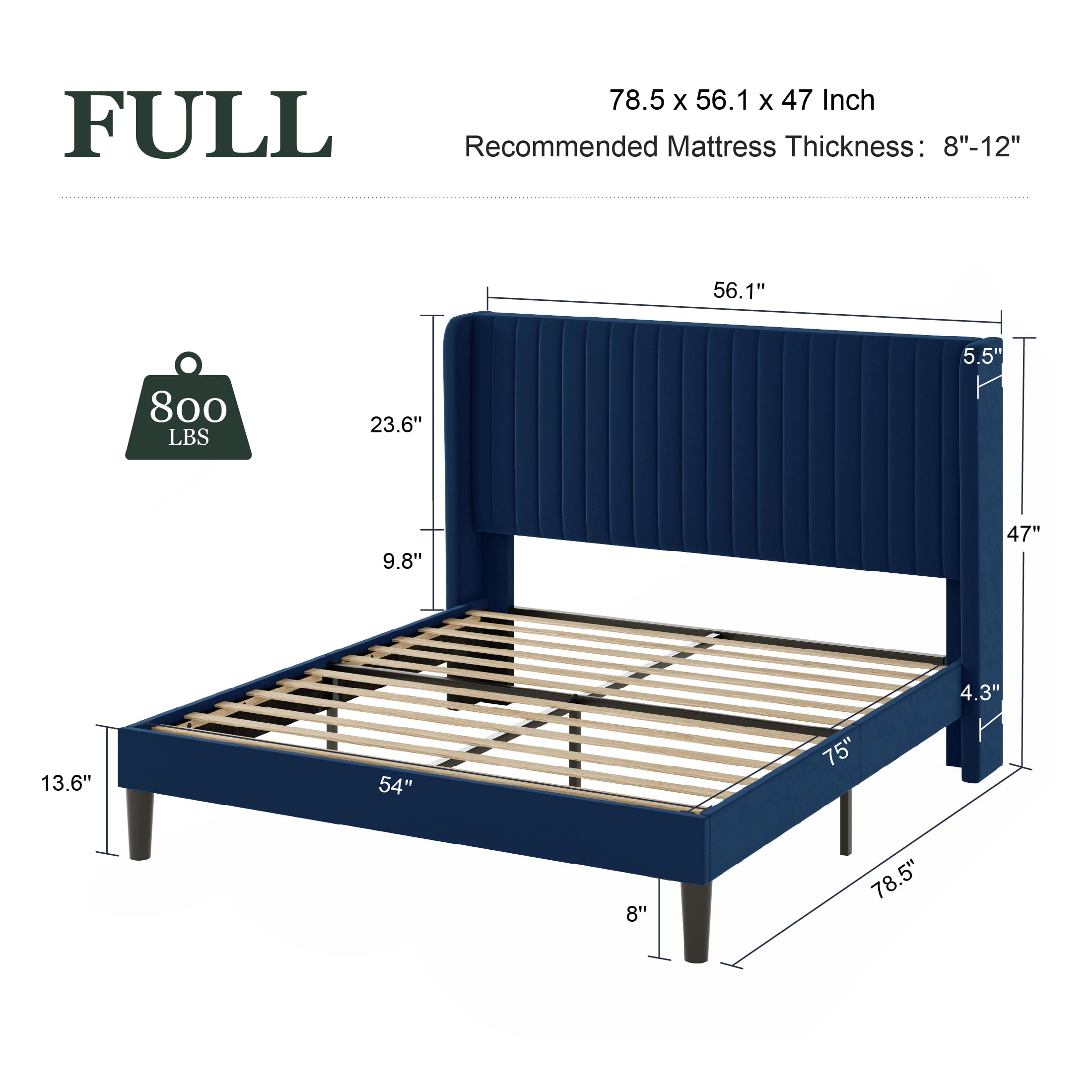 Amolife Full Size Velvet Upholstered Bed with Wingback Headboard, Dark Blue