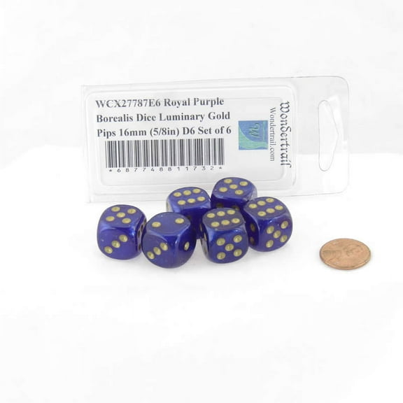 Royal Purple Borealis Dice Luminary with Gold Pips 16mm (5/8in) D6 Set of 6 Wondertrail