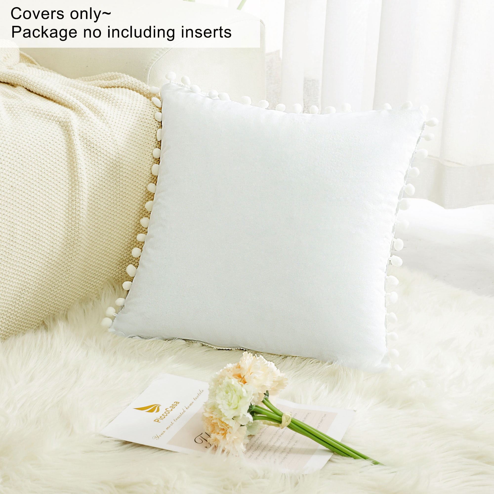 Unique Bargains Velvet Pillow Cover with Pompoms for Sofa 1PCS Snow White 18x18Inch