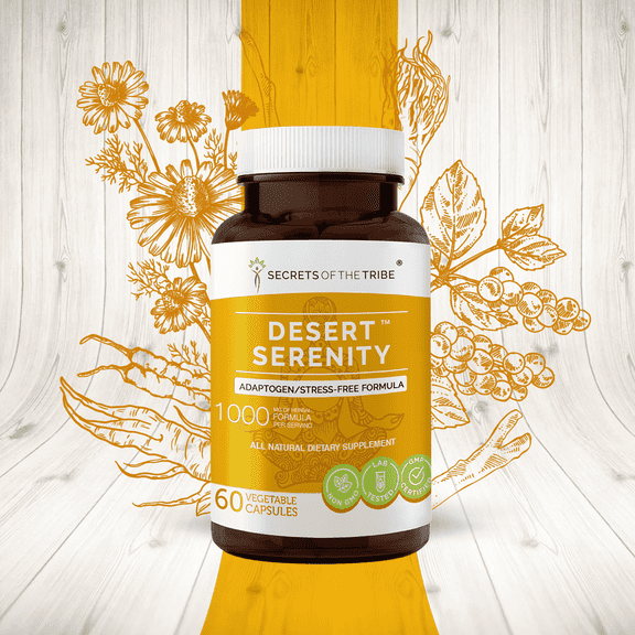 Secrets of the Tribe Desert Serenity Capsules Dietary Supplement, Natural Herb Blend, Made from Eleuthero, Korean Red Ginseng, Ashwagandha, Chamomile, Rhodiola, Schisandra, Cordyceps 60 Count