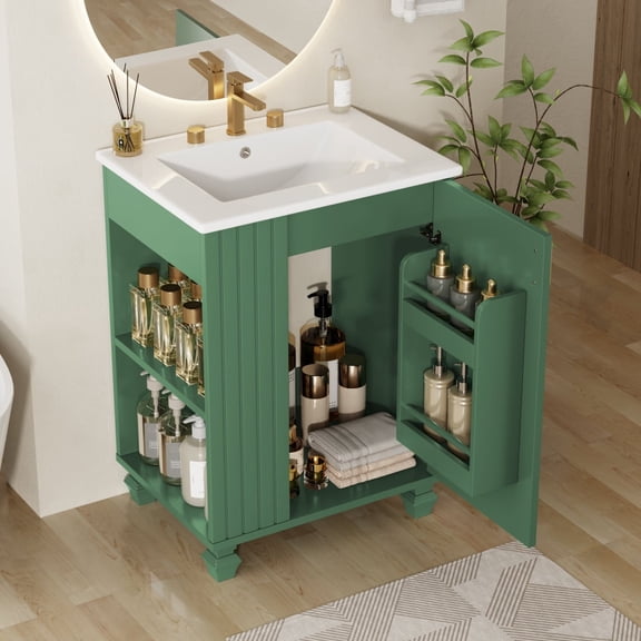 24" Bathroom Vanity with Sink, Bathroom Cabinet with Door Shelf, Side Open Storage, Solid Wood Frame,Soft Closing Door, Green