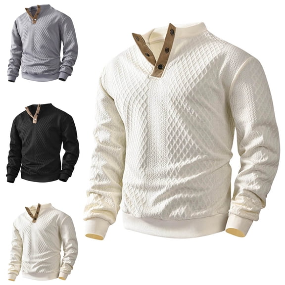 Danhjin Button Sweater Tops for Men Fall Winter Long Sleeve Crew Neck Casual Warm Pullover Shirts Comfy Soft Loungewear Outdoor T Shirts Blouses
