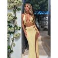 thumbnail image 4 of Women'S Two-Piece Hollow Knit Beach Dress Sun Protection Front Halter Tank Top and Skirt Summer Set Yellow L, 4 of 6