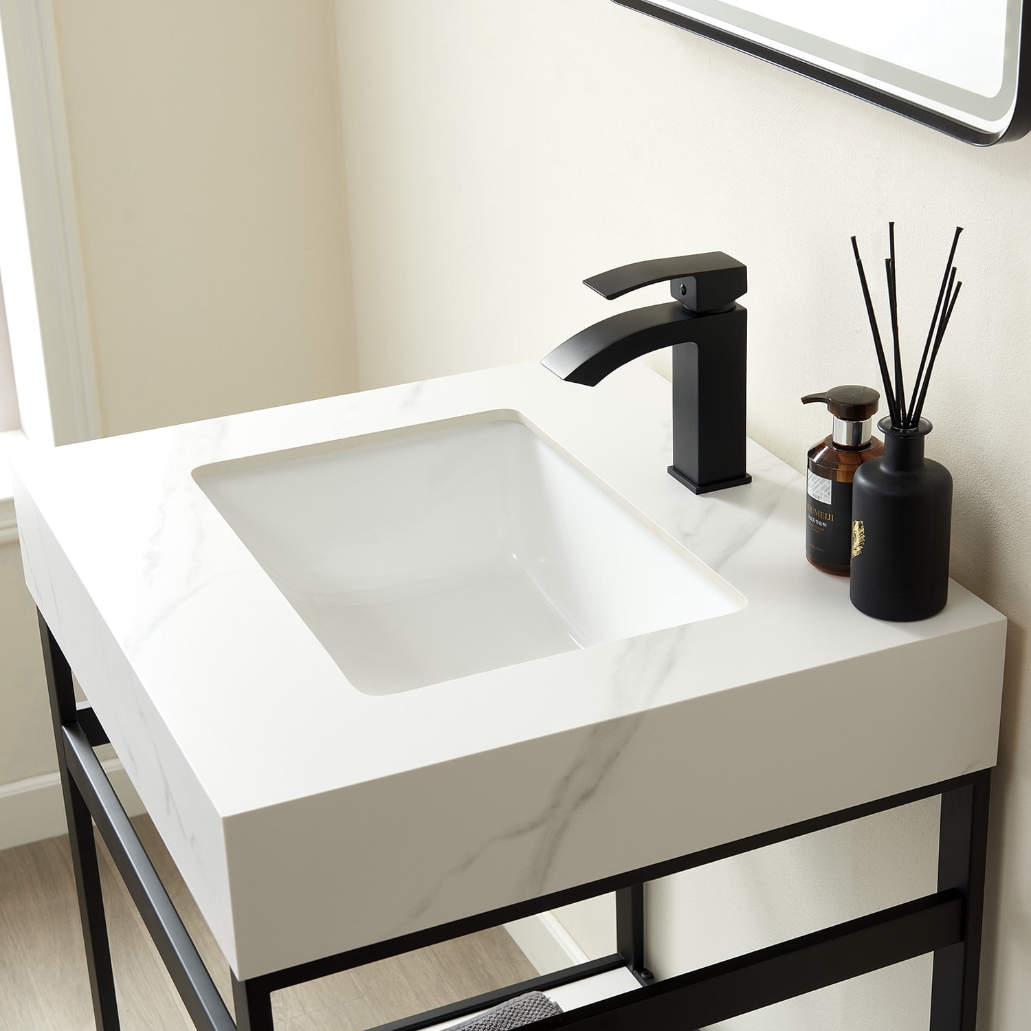 Funes 24" Single Sink Bathroom Vanity in Matte Black Frame White Top No Mirror