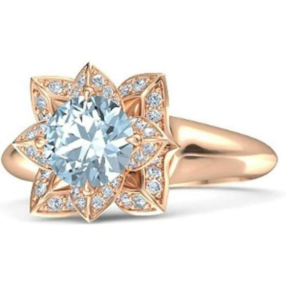 Elegant Lotus Flower Round Cut Aquamarine Birthstone Wedding Engagement Ring For Women In 925 Sterling Silver 14K Rose Gold Plating