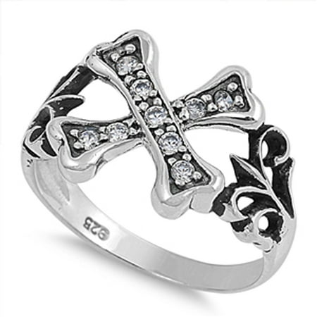Clear CZ Crossbones Gothic Swirl Ring ( Sizes 6 7 8 9 10 11 12 13 ) New .925 Sterling Silver Band Rings by Sac Silver (Size