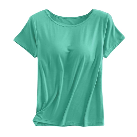Womens Short Sleeve Shirts with Built in Bra Summer Basic T-Shirts Workout Yoga Tops Athletic Shelf Bra Tops Padded