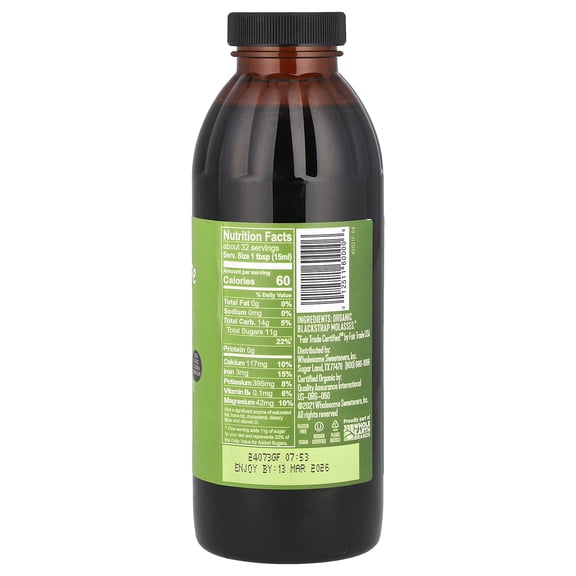 Wholesome Fair Trade Organic Molasses for Baking & BBQ, 16 oz Bottle