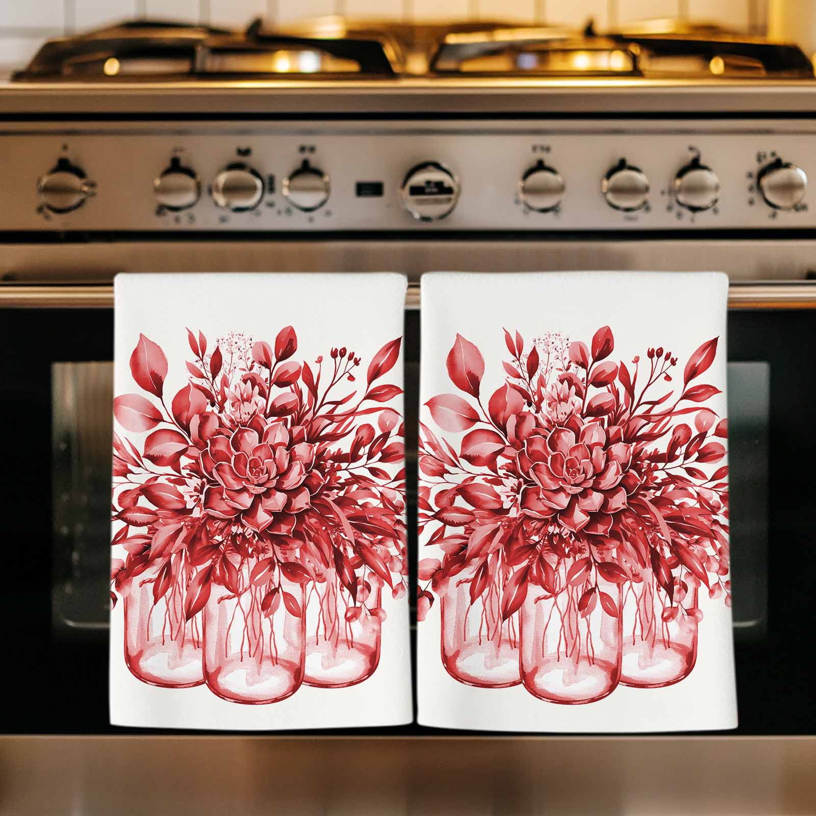 Dish Towels, Red Eucalyptus Leaves Absorbent Kitchen Towels 2 PCS, Floral Vase Stripes Microfiber Hand Towels Dish Cloths Tea Towels for Home&nbsp;Bathroom Cleaning Drying,18X28-Inch,