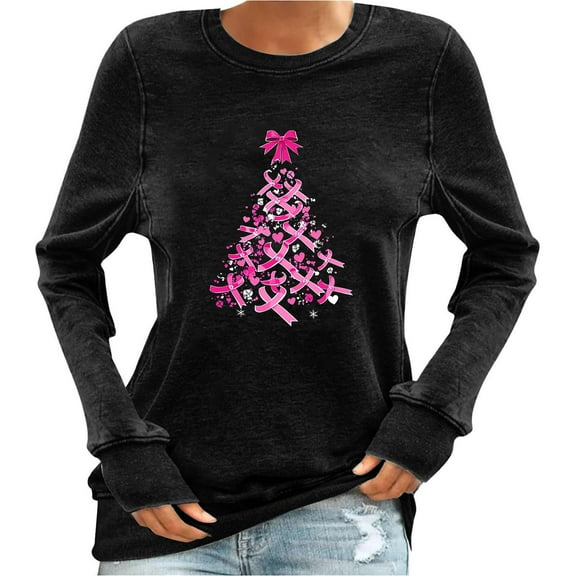 Uootdi Women's Breast Cancer Awareness Christmas Tree Pink Ribbon Graphic Crewneck Casual Fall Winter Support Top Black Women Tops